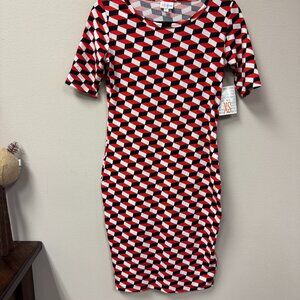 LuLaRoe Julia  Dress Black Red White Cubist Modern Design NWT size XS